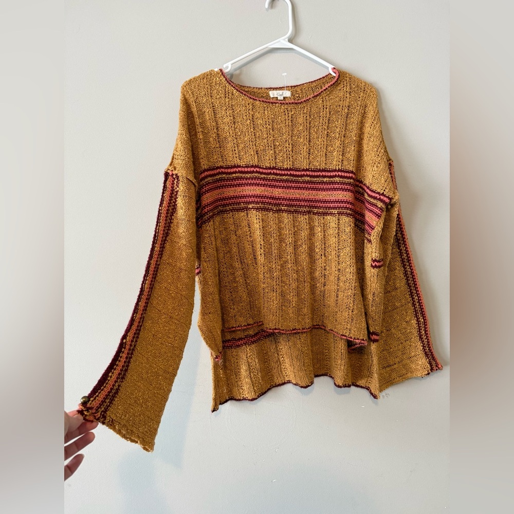 Easel Mustard Knit Sweater with Pink & Burgundy Stripes